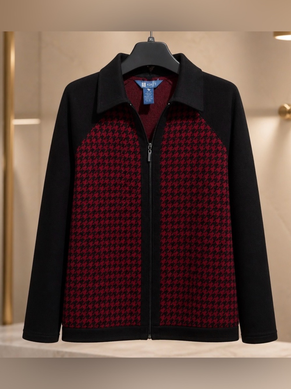 Koret Black Jacket with Burgundy Houndstooth Panels